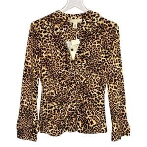 BY DESIGN M NEW Carla Ruched Button Up Blouse Basic Cheetah Baddie Animal
